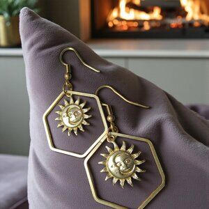 Celestial Earrings, Sun and Moon in Modern Brass